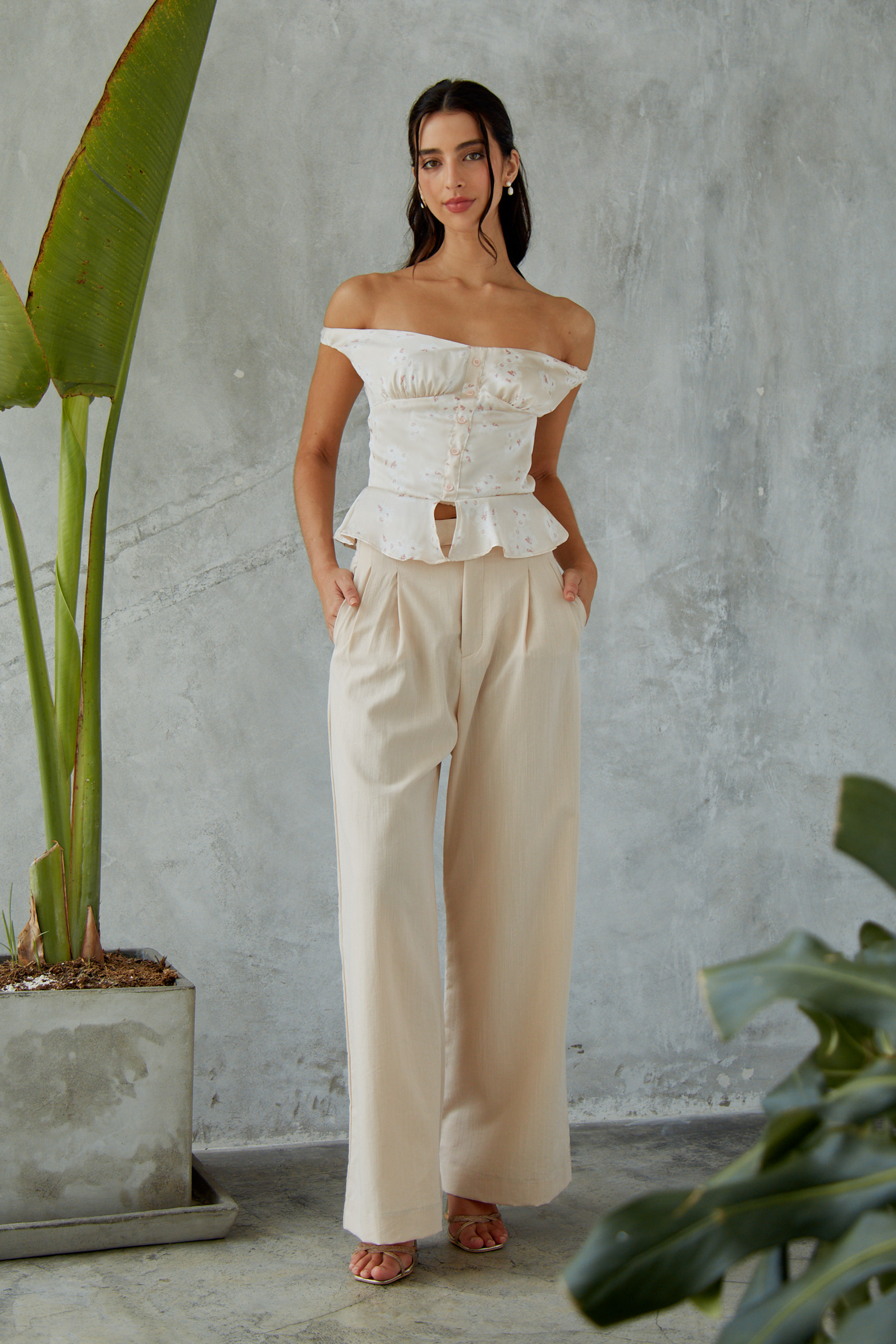 Pantalón lino wide leg - Avena