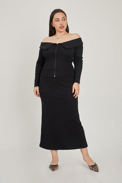 Falda midi rib sirena - Negro