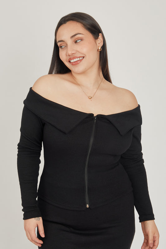 Casaca off shoulder rib - Negro