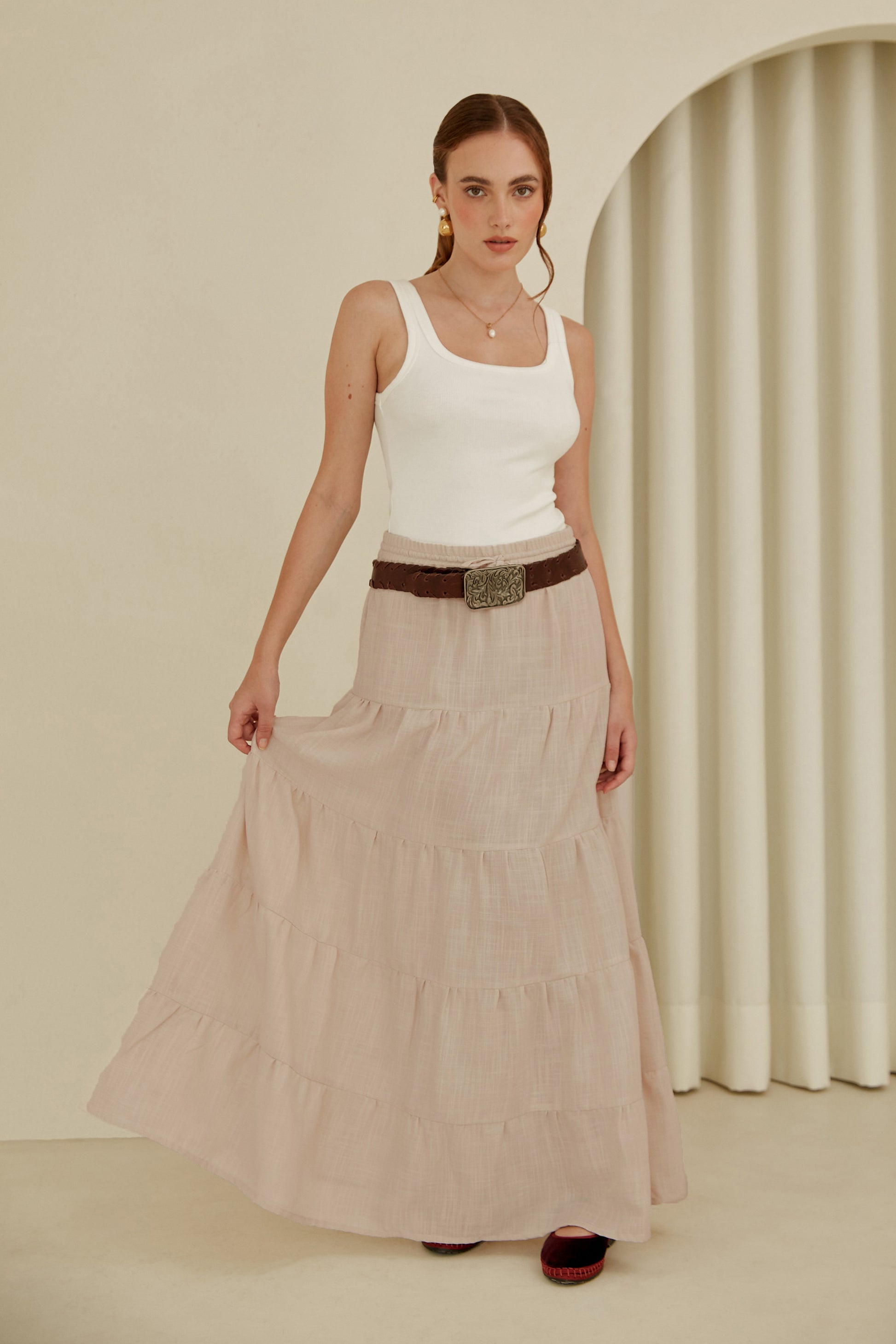 Falda midi con pretina elasticada - Beige
