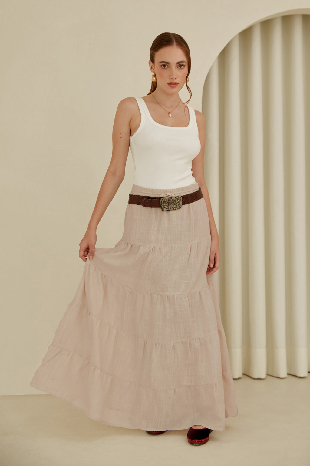 Falda midi con pretina elasticada - Beige