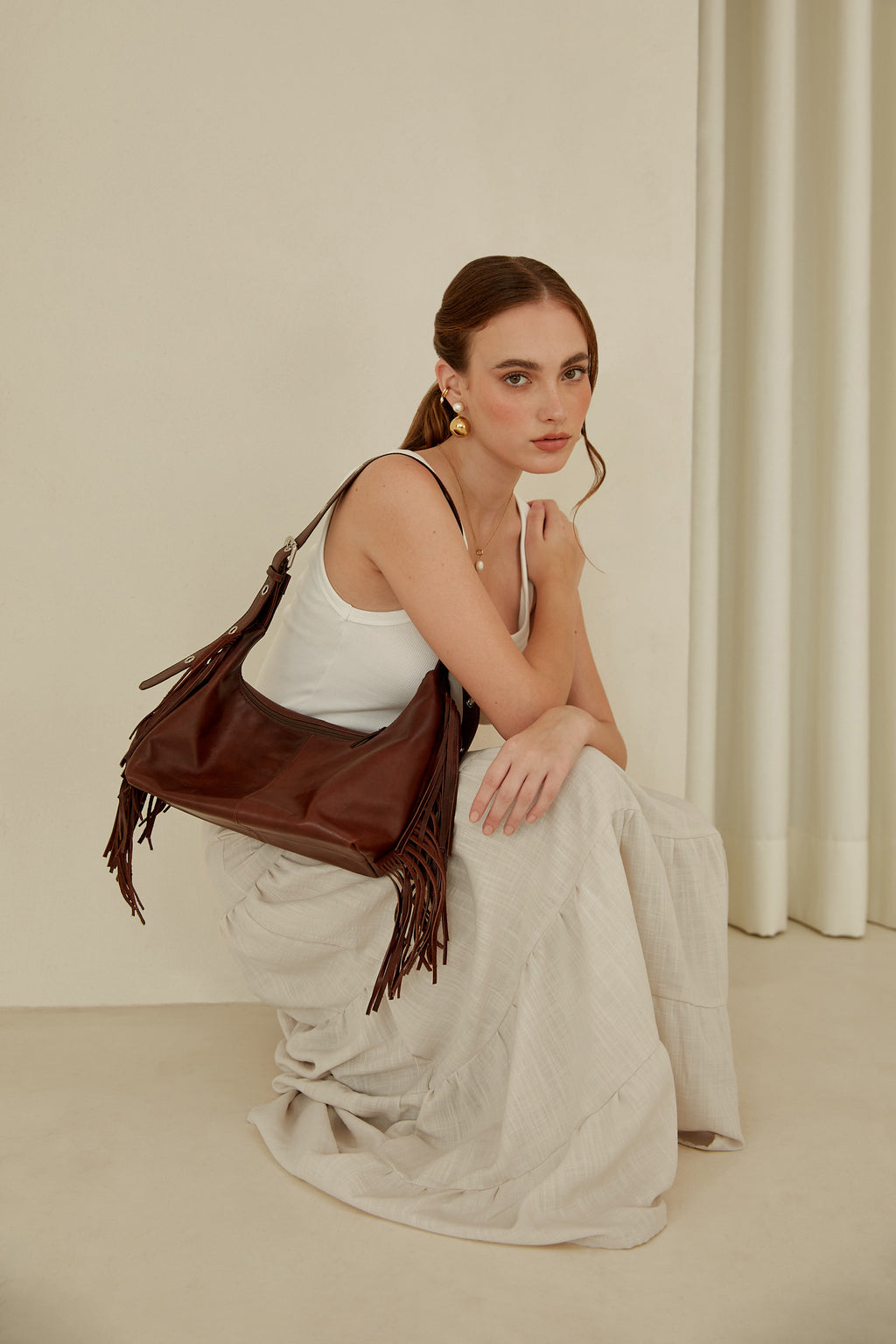 Falda midi con pretina elasticada - Crema