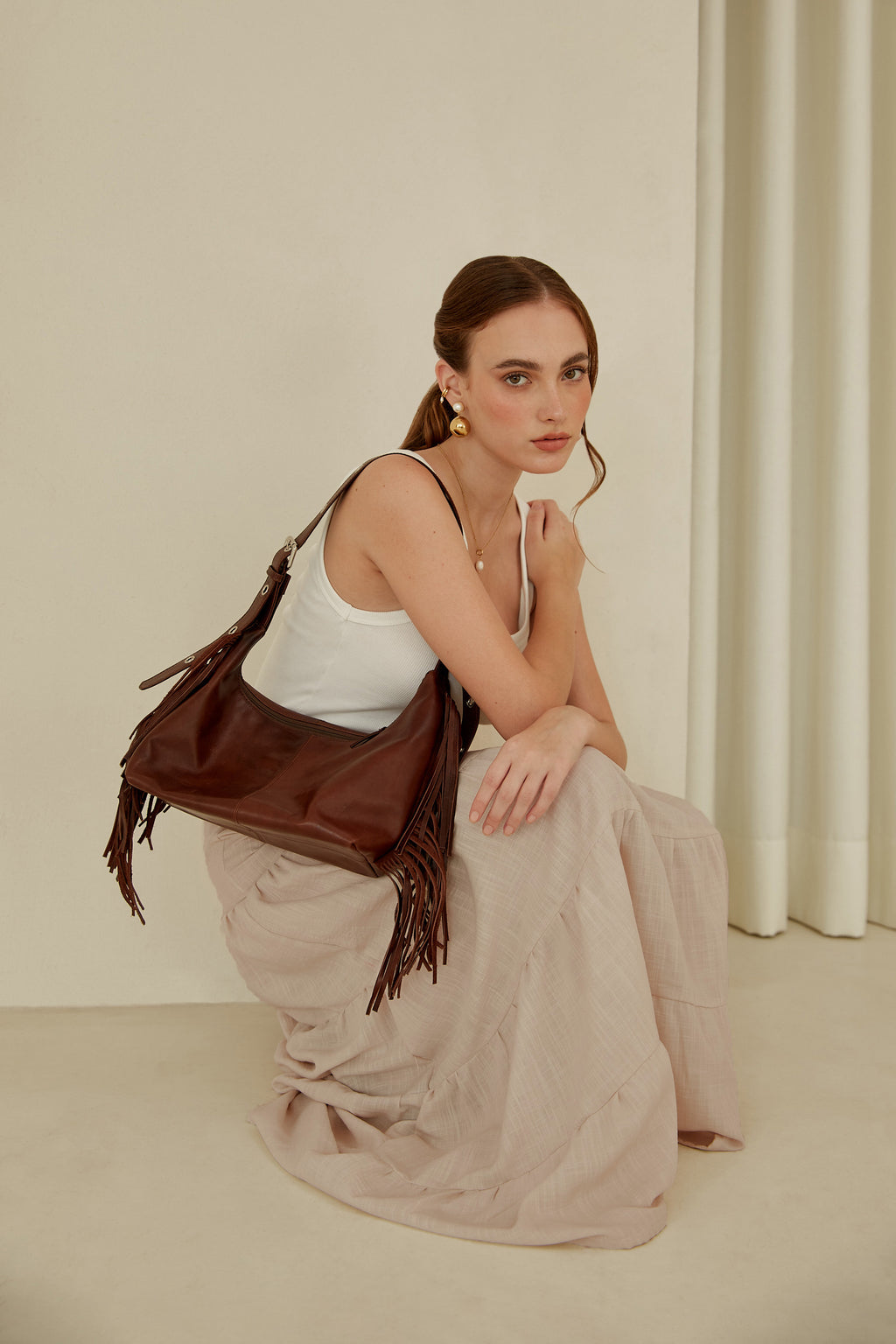 Falda midi con pretina elasticada - Beige