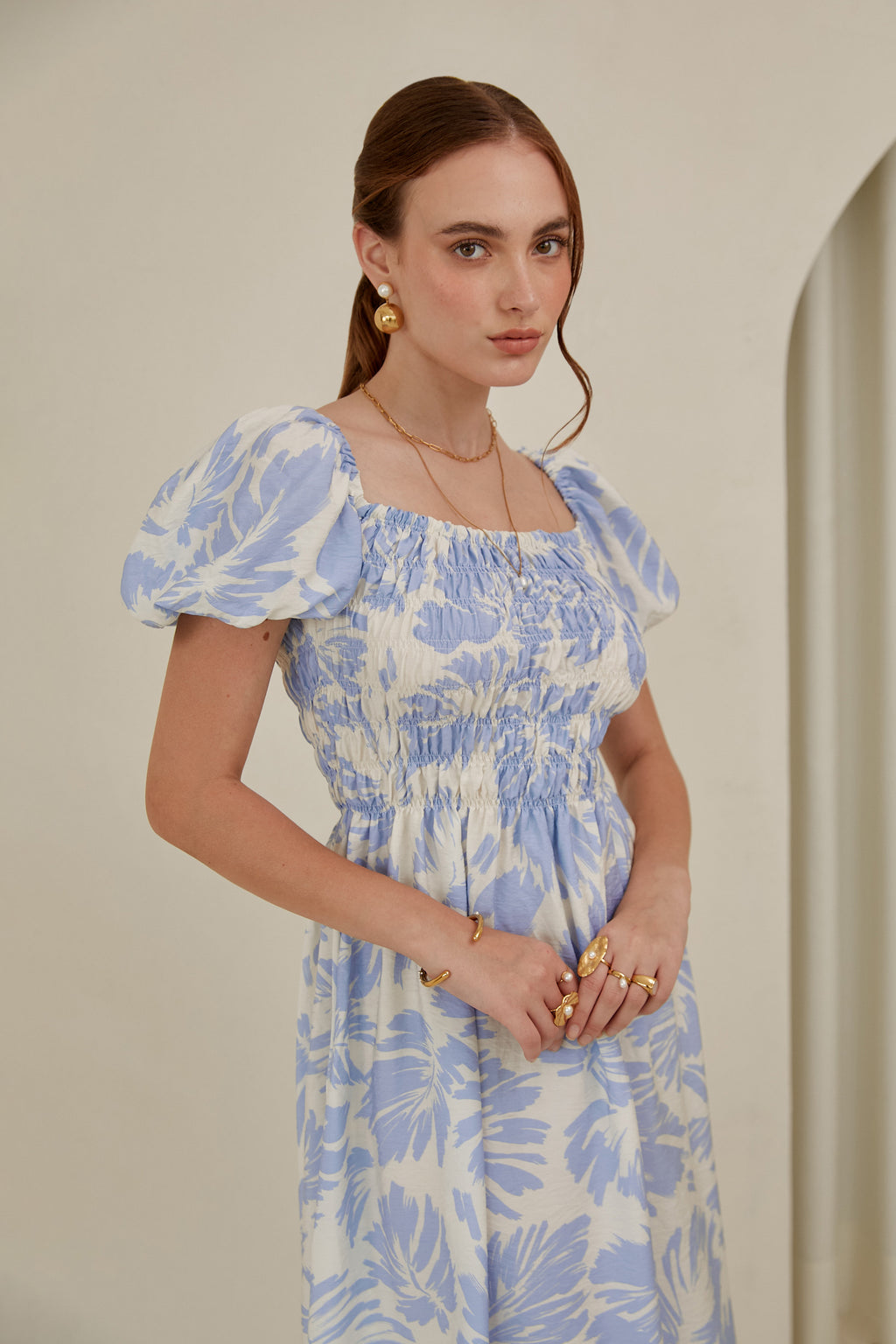 Vestido midi manga globo - Celeste