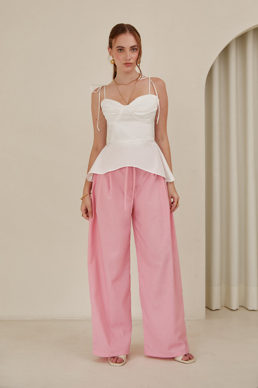 Pantalón lino con cinturón - Rosado