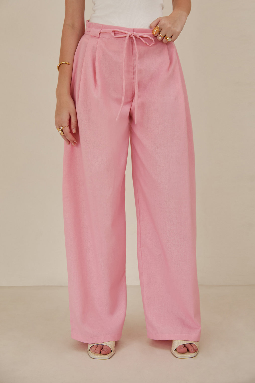 Pantalón lino con cinturón - Rosado