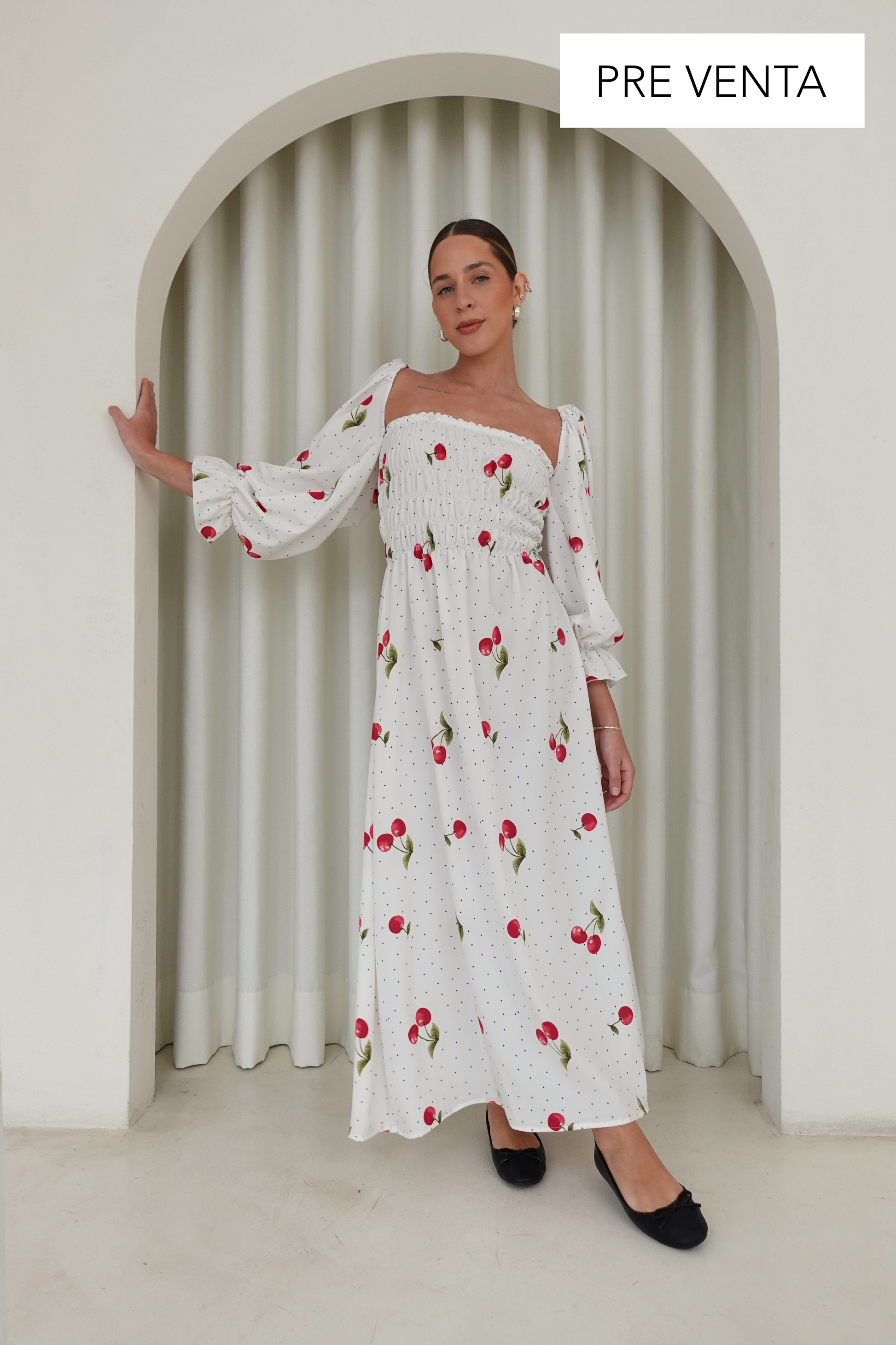 Vestido midi cerezas - Perla (PREORDEN)