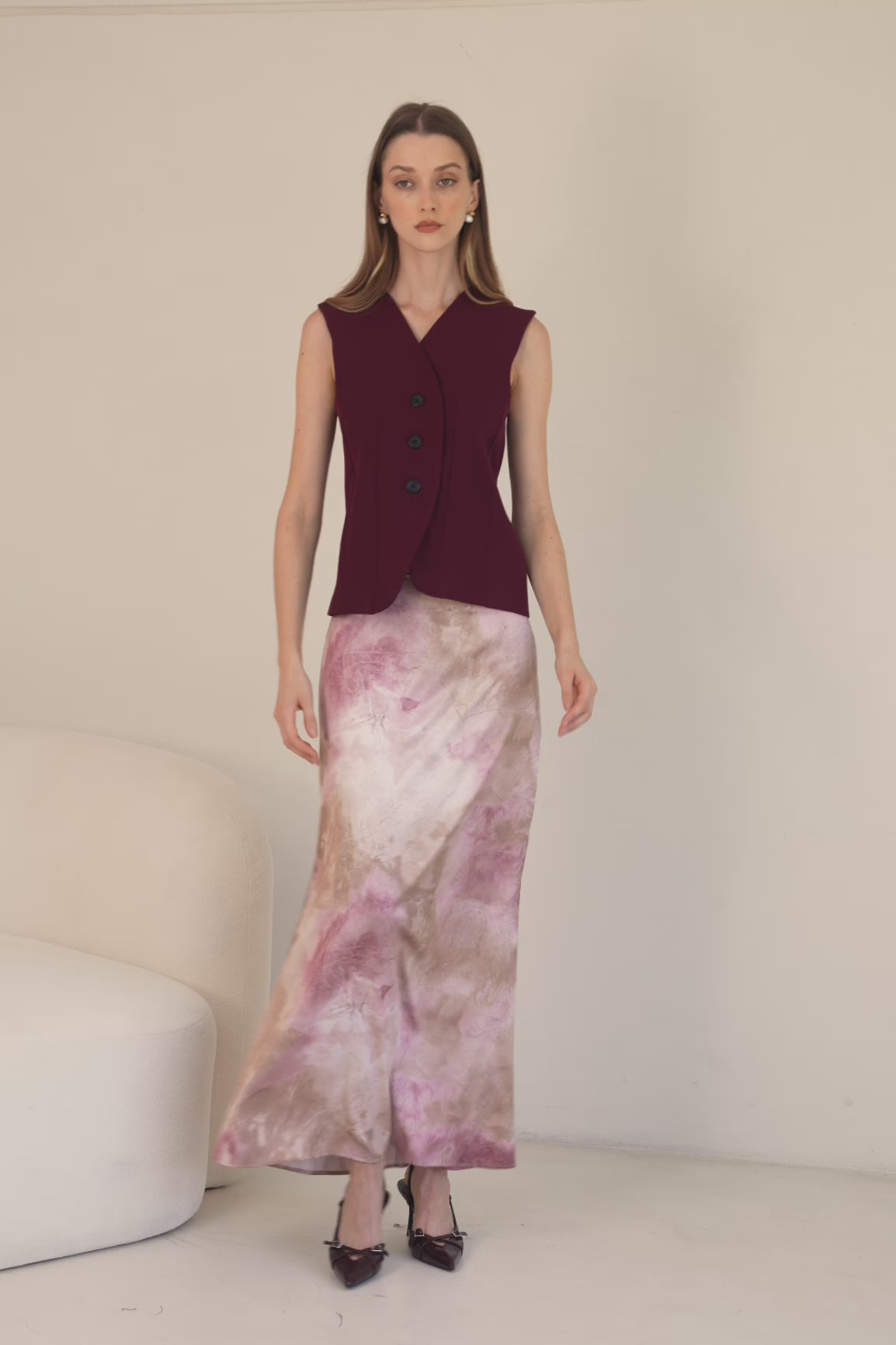Falda midi satín estampada - Rosado